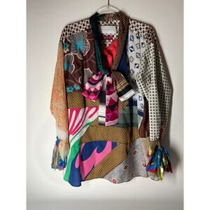Connor Ives Tie Front Bow Patchwork Popover Blouse Top Oversize Silk Blend Small
